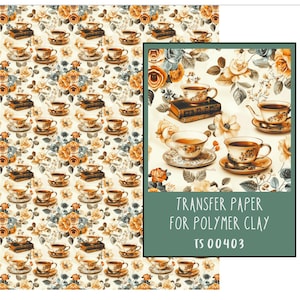 Papier transfert livres et tasses à thé pour pâte polymère. TS00403