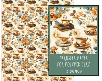 Books & Tea Cups Transfer Paper for Polymer Clay.  TS00403