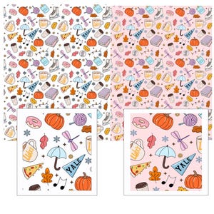 Peut inclure: Deux motifs sans couture avec des illustrations sur le thème de l'automne. Les motifs présentent des citrouilles, des tasses à café, des livres, des parts de pizza et des fanions Yale. Un motif est sur fond blanc, l'autre sur fond rose.