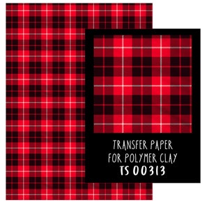 Op de afbeelding: Rood en zwart geruit transferpapier voor polymer clay. Het papier is gelabeld "Transfer Paper for Polymer Clay TS 00313".