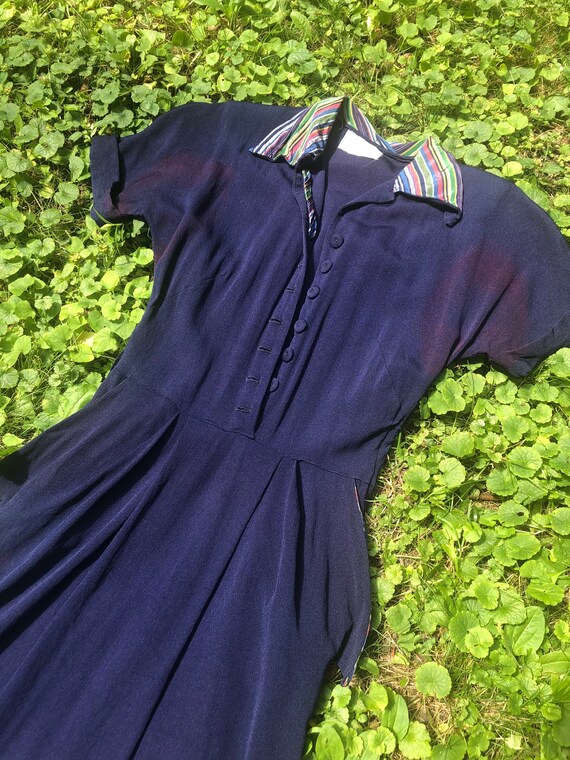 Navy 1940s Rayon dress with candy stripe detailing