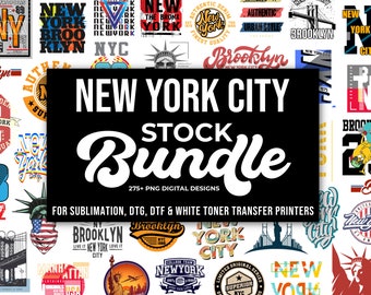 Op de afbeelding: Een verzameling van meer dan 275 digitale ontwerpen met als thema New York City, geschikt voor sublimatie, DTG, DTF en witte tonertransferprinters. De ontwerpen zijn in verschillende stijlen en kleuren, waaronder rood, blauw, geel en zwart. De ontwerpen bevatten tekst zoals "New York", "Brooklyn", "NYC" en "The Bronx".
