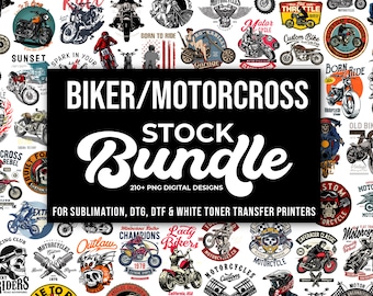 Może przedstawiać: Pakiet projektów cyfrowych zawierający ponad 210 grafik o tematyce motocyklowej i motocrossowej. Grafiki są w stylu vintage i przedstawiają motocykle, czaszki i inne obrazy związane z motocyklizmem. Pakiet jest idealny do użycia z drukarkami sublimacyjnymi, DTG, DTF i transferem tonera białego.