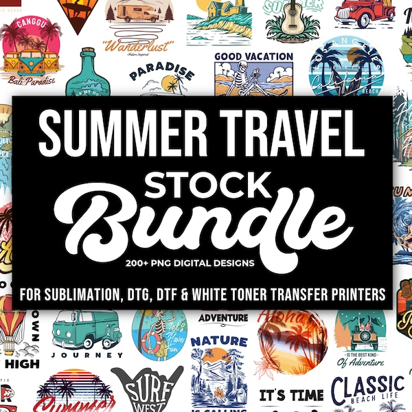 PNG Summer Adventure Travel Stock Design Bundle, For Sublimation, DTG, DTF, Transfer Printing, Digital Downloads