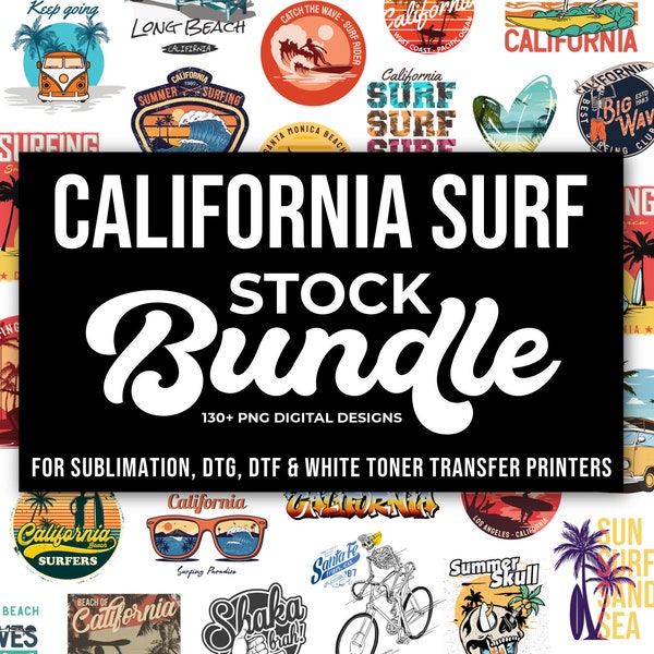 PNG California West Coast Surf Stock Design Bundle, voor sublimatie, DTG, DTF, transferprinten, digitale downloads