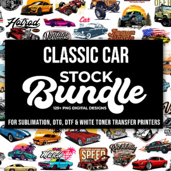 PNG Classic Car Stock Design Bundle, For Sublimation, DTG, DTF, Transfer Printing, Digital Downloads