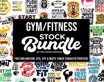 Op de afbeelding: Een verzameling van meer dan 95 digitale ontwerpen voor fitness- en sportschoolthema's. De ontwerpen bevatten motiverende citaten en illustraties met betrekking tot trainen, gewichtheffen en fitness. De ontwerpen zijn perfect voor sublimatie, DTG, DTF en witte tonertransferprinters.