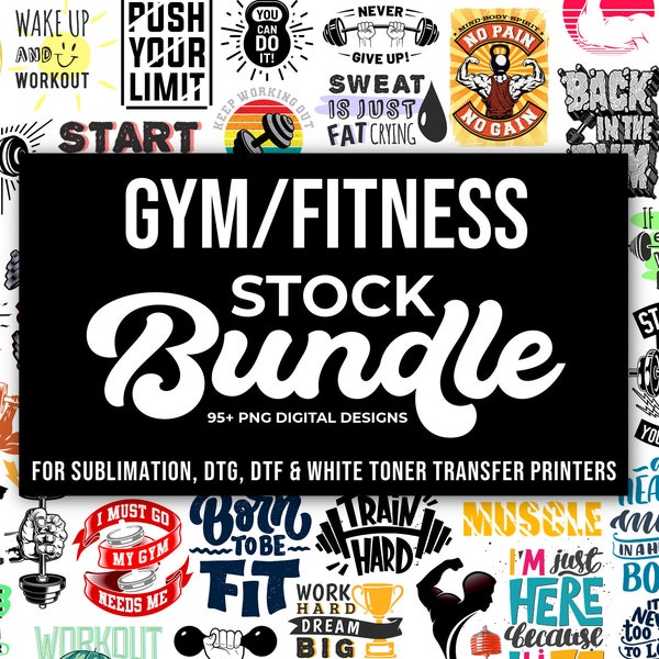 PNG Gym Fitness Design Bundle, voor sublimatie, DTG, DTF, transferprinten, digitale downloads