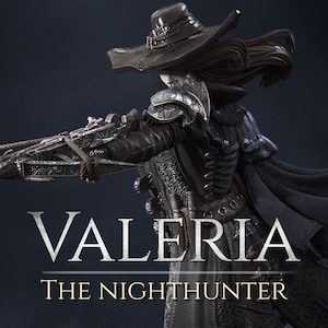 May include: A dark-haired figure in a black leather outfit and a wide-brimmed hat holds a crossbow. The figure is standing in front of a dark background with the text "VALERIA THE NIGHTHUNTER" below.