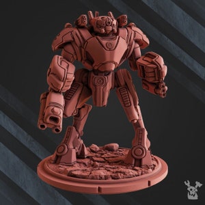 May include: A detailed, reddish-brown model of a futuristic robot, standing on a textured base. The robot has a complex design with multiple weapon ports and a detailed head. The model is a 3D-printed item, perfect for collectors or hobbyists.