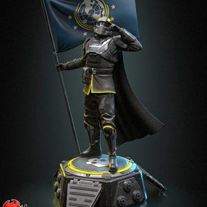 May include: A detailed figurine of a soldier in a black uniform with yellow trim, saluting while holding a flag. The flag is dark blue with a globe and star design. The figure stands on a platform with a skull emblem.