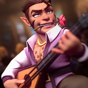 May include: A cartoon character with brown hair, pointed ears, and blue eyes, wearing a purple and white shirt, holding a lute and a pink rose in their mouth. The character has a gold necklace and tattoos on their chest.