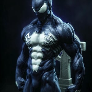 May include: A highly detailed figurine of a muscular character with a dark blue and black skin texture, featuring a prominent white spider emblem on the chest and large white eyes. The figure stands in a powerful pose with clenched fists.