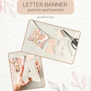 Personalized Name Banner Sewing Pattern Digital Template Printable Letters Tutorial Step By Step Instructions Fabric Wall Hanging Scalloped Edge Design Nursery Decoration Baby Room Decor Custom Gift Idea DIY Project Download Handmade Craft