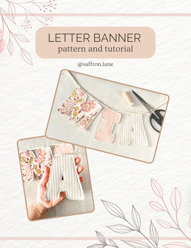 Personalized Name Banner Sewing Pattern Digital Template Printable Letters Tutorial Step By Step Instructions Fabric Wall Hanging Scalloped Edge Design Nursery Decoration Baby Room Decor Custom Gift Idea DIY Project Download Handmade Craft