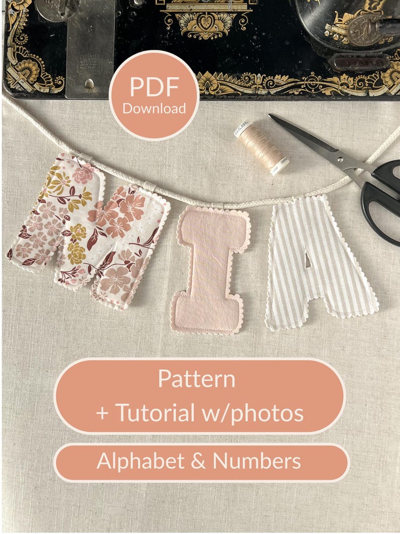 DIY Fabric Banner Pattern Sewing Tutorial Digital Download Printable Letter Templates Step By Step Instructions Scalloped Edge Design Nursery Wall Decoration Personalized Baby Gift Bedroom Decor Project Handmade Name Display Custom Letters