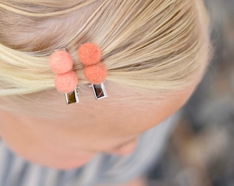 PomPom Hair Clips For Little Girls, Wool Felt Ball on an Alligator Clip, Pom Pom Barrette Set for Little Girls, Summer Hair Clip