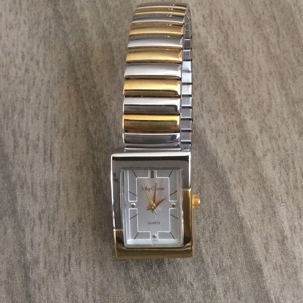 Oleg Cassini Women's Watch Rectangle Silver Dial on Two Tone Stretch Band In Vintage  Mint Condition Timepiece!