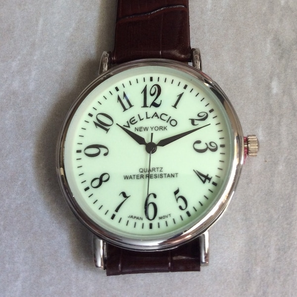 Vellacio Silver Men's Watch Round Glow in Dark Dial Big Number Hours on Brown Leather Band Unused Vintage New Item!