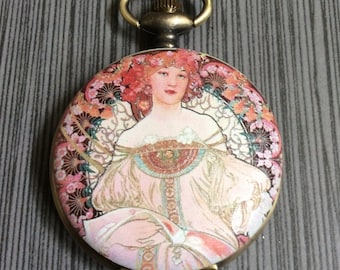 Collar de reloj de bolsillo para mujer pintado a mano, hermosa dama con esfera blanca redonda y horas numeradas en negro en collar de cadena de 30 ".