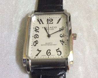 Vellacio Men's Silver Watch Rectangle Silver Dial Numbered Hours on Black Leather Band Vintage Unused New Item Ready to Cherish & Enjoy!