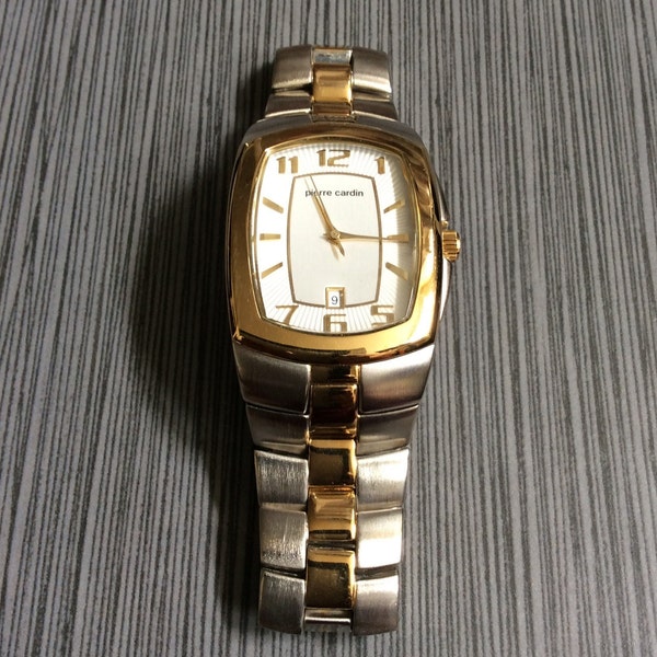 Pierre Cardin Men's Watch Rectangle Silver Date Dial on Two Tone Linked Band Vintage New Un-used Watch!