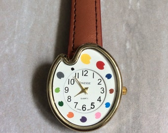 Finesse Women's Watch Colorful Paint Palette Round White Dial on Brown Leather Band New Unused Vintage Item.