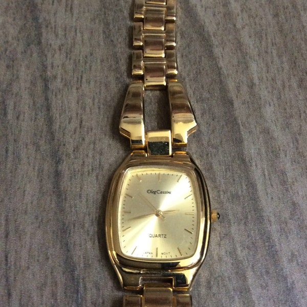 Oleg Cassini Men's Rectangle Watch Gold Dial Index Hour Markers on Gold Linked Band New Old Stock Vintage!