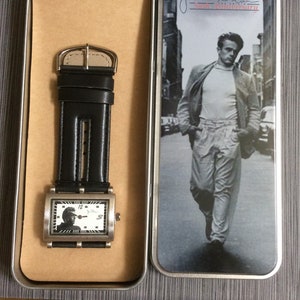 James Dean Men's Silver Watch Rectangle White Dial James Dean Image, all on a Black Leather Band New Un-Used Vintage Collectible in Box!