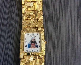 Men's Gold Religious Watch Rectangle White Virgin Mary Dial Roman Numeral Hours on a Gold Nugget Linked Band Vintage Un-Used New/Old Stock!