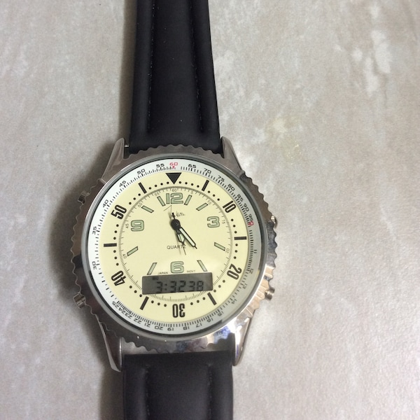 JOHN WEITZ Men's Watch dual hour displays Analog/Digital Displays on Black Leather Band New Unused Vintage Watch, Rare Unique Find!