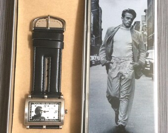 James Dean Men's Silver Watch Rectangle White Dial James Dean Image, all on a Black Leather Band New Un-Used Vintage Collectible in Box!