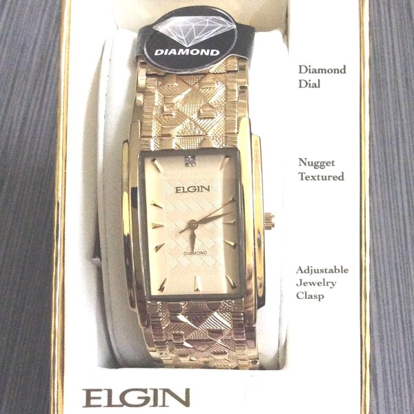 ELGIN DIAMOND Gold Nugget Men's Watch Rectangle Gold Dial Index Hour Markers on Gold Linked Band Unused New in Box Vintage Dress Watch!