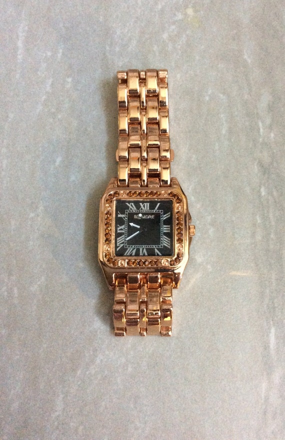 Women's Rose Gold Crystal Watch Square Black Dial 