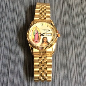 Swanson Men&#39;s Religious Watch Jesus Guadalupe Gold Dial Arabic Hours on Gold Linked Band New Unused Vintage Watch (Waterproof 5ATM)!