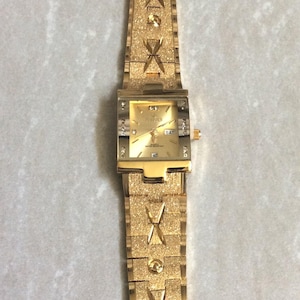 SUNBORN Women&#39;s Crystal Watch Rectangle Gold Dial Crystal & Index Hours Day and Date Indicators on Gold Linked Band Unused Vintage New Item!