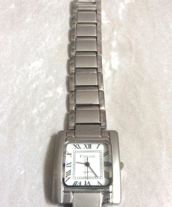 Finesse Women's Designer Watch Rectangle White Dial Roman Numeral Hours on Silver Linked Band New Unused Vintage Watch Beautiful!