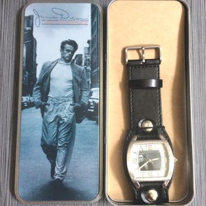 James Dean Men&#39;s Silver Rectangular Watch having a James Dean Image Dial on a Black Leather Band Brand New Unused Vintage Watch in Box!