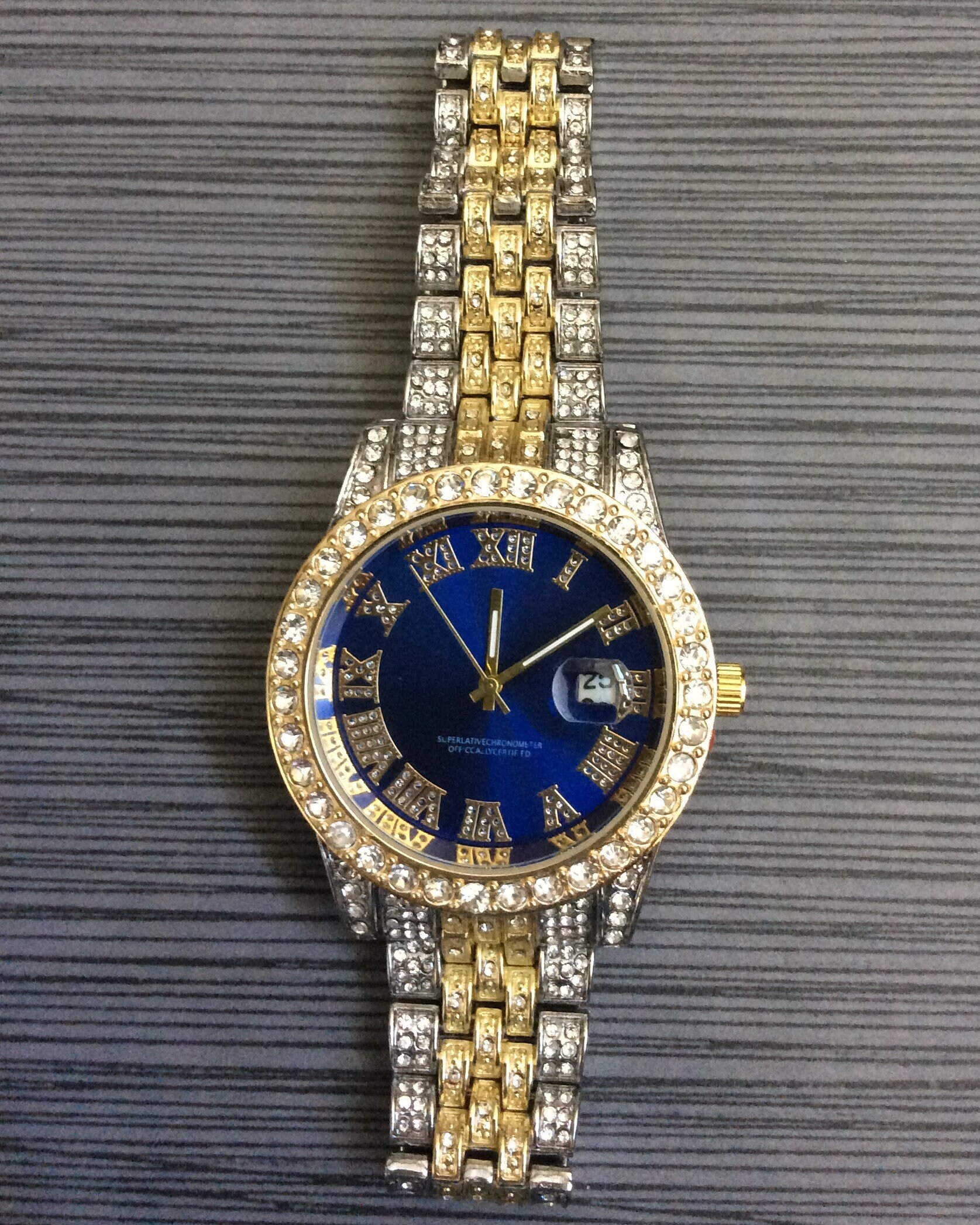Pierre Jacquard Gold Tone Cuff Watch Rhinestones Metal Band Blue Octagon Dial Pierre Jacquard Women Wristwatches | eBay main image 3