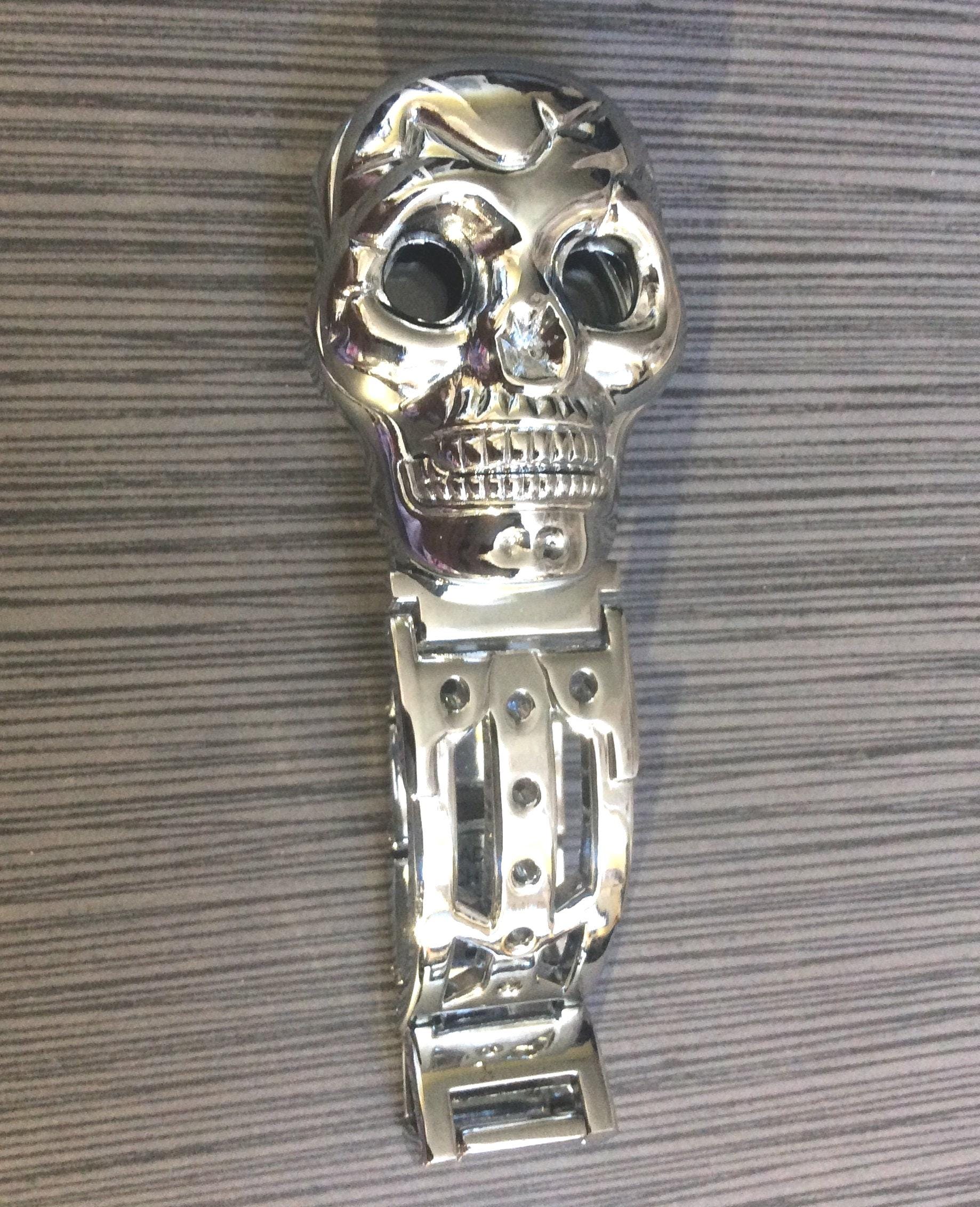 Silver Men's Skull Biker Watch Black Eyes Opens to a Black Dial