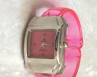 EWATCH Women's Bangle Watch Square Pink Dial Numbered Hours on Pink Acrylic Bracelet Band New Unused Vintage Timepiece Beauty!