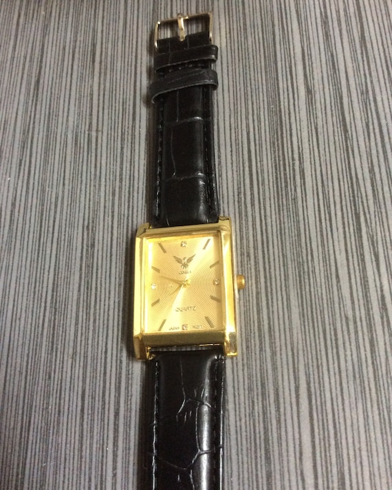 Geneva Men's Gold Watch Rectangle Black Dial Gold… - image 1