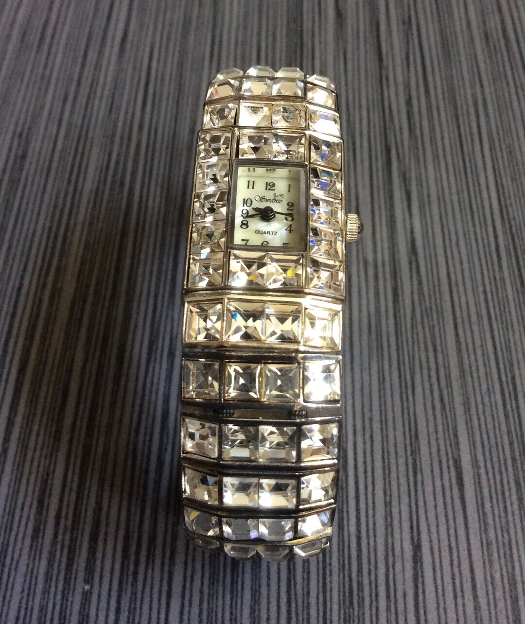 Geneva Women's Crystal Sparkling Bangle Cuff Watch Rectangle Pearl Dial Arabic Numeral Hours