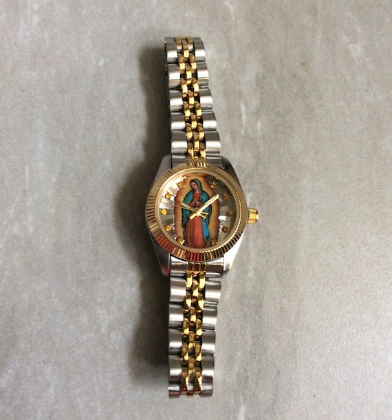 Miykon Waterproof 5ATM Women s Religious Watch Having a Round Silver Sunray Guadalupe Dial on a Two tone Linked Band Unused New Vintage Item Etsy Canada