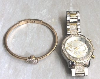Two-Tone Crystal Women's Watch and Bracelet Set, Silver/Gold Vintage Style Still New