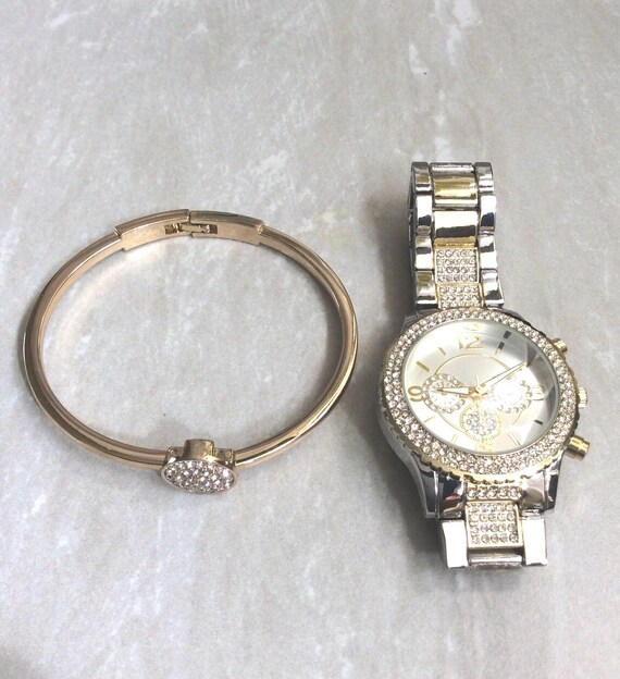 Two-tone Crystal Watch and Bracelet Set, Silver/gold Vintage  display picture 3