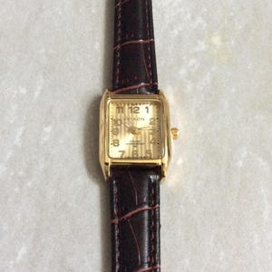Vintage MIYKON Women's Gold Watch, Rectangle Dial, Cherry Leather Band