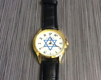 Geneva Men's  Watch Round Star of David Dial with Hebrew Hours on Black Leather Band New Unused Vintage Watch Ready to Cherish & Enjoy!