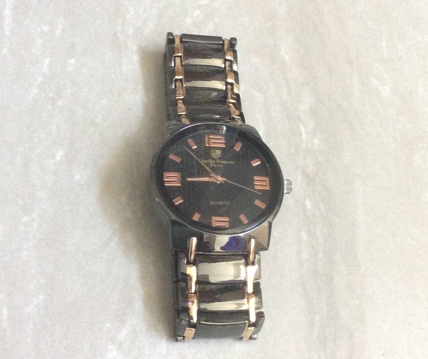 Reloj Charles Dumont Paris para hombre en oro rosa y bronce, esfera redonda  negra, fácil de leer con correa de eslabones a juego, reloj vintage sin