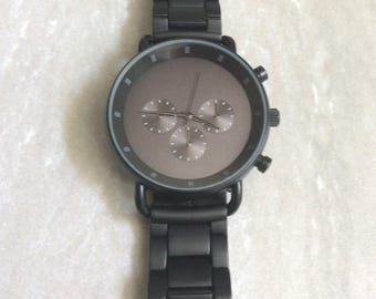 Men's Vintage Black Wristwatch, Gray Index Dial, Stainless Steel Band